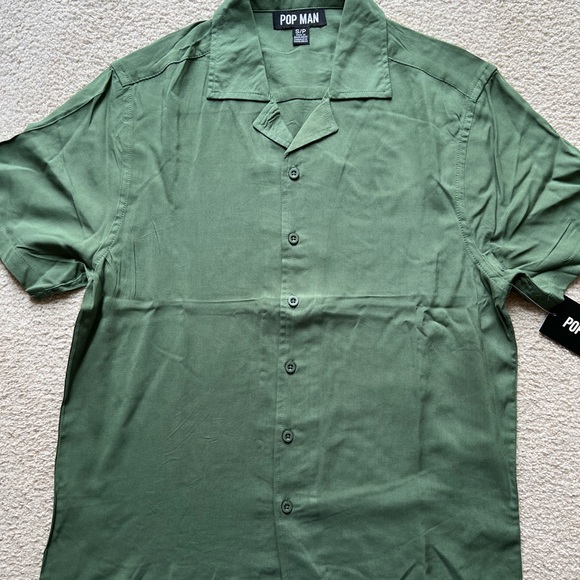 Pop Man Men's Short Sleeve Button Up Shirt Olive Green Collared Soft Viscose S - Picture 2 of 7